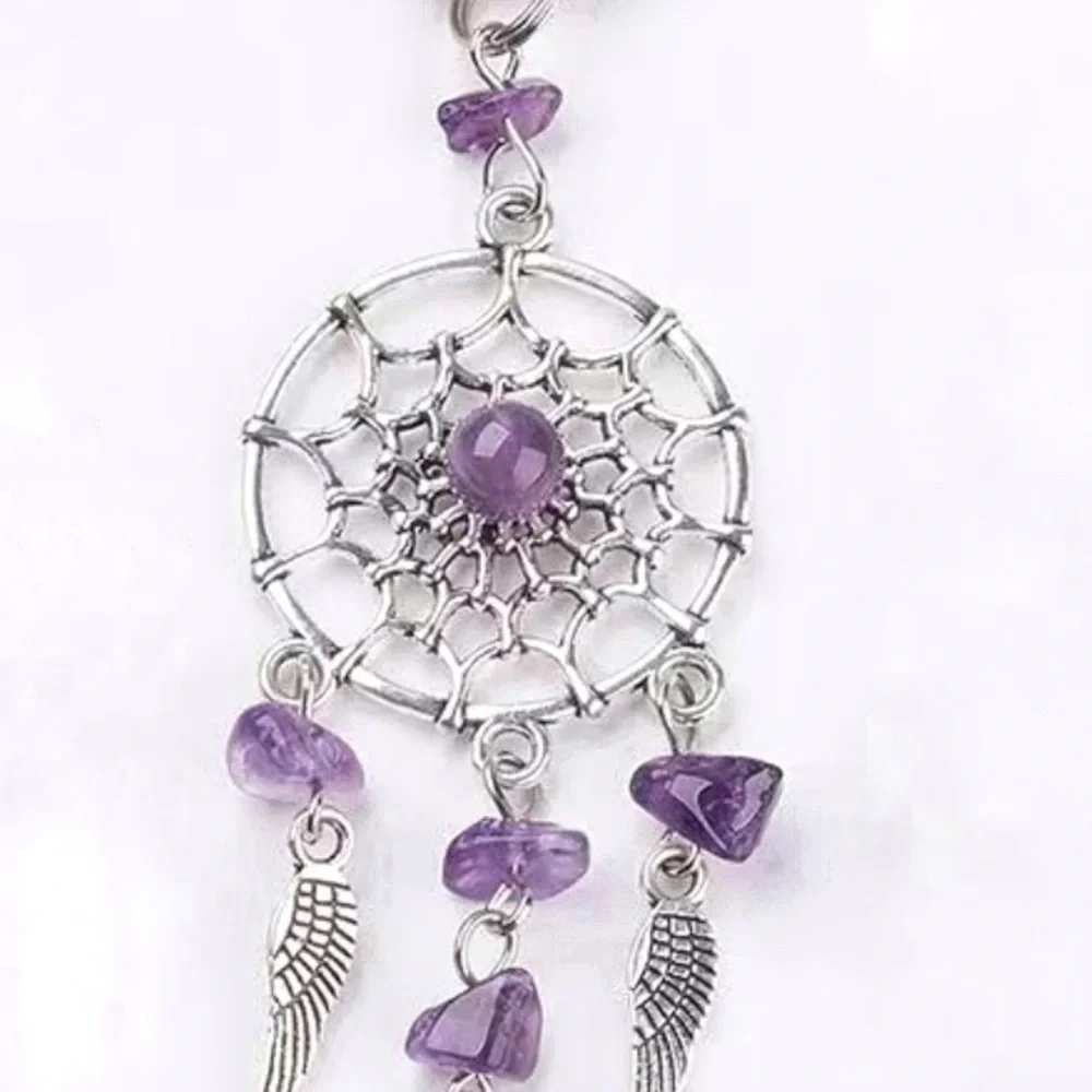 Dream Catcher Native American Keychain Silver Amethyst Purple